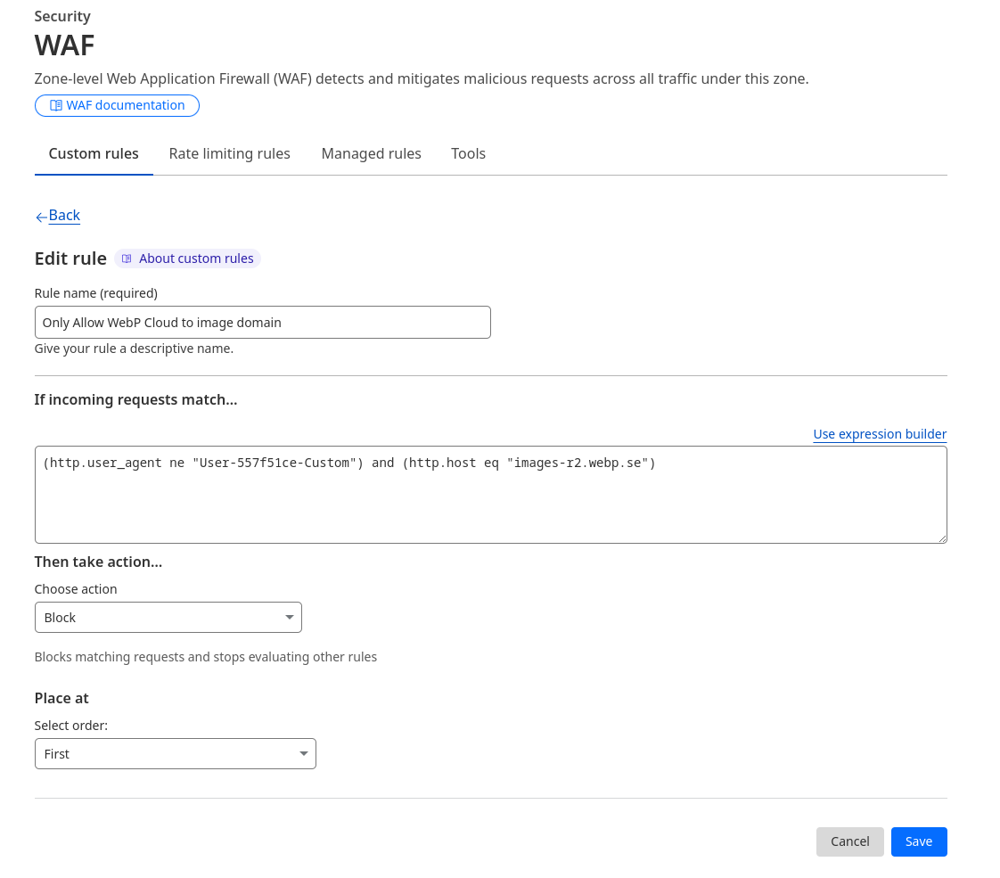 Cloudflare WAF rule matching a dedicated image hostname