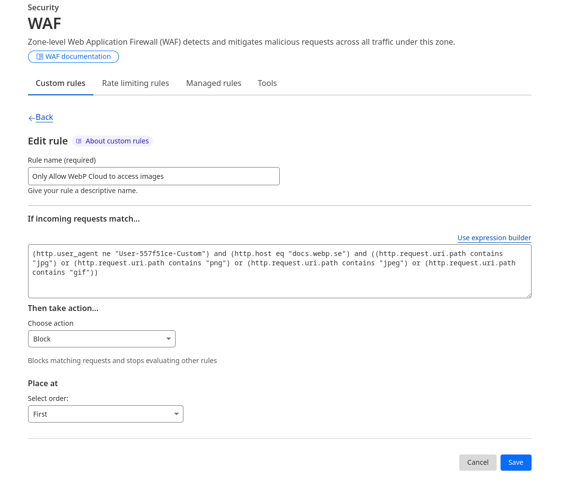 Cloudflare WAF rule matching image paths and a custom user agent