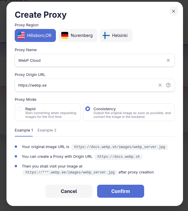 Create Proxy form in the Dashboard