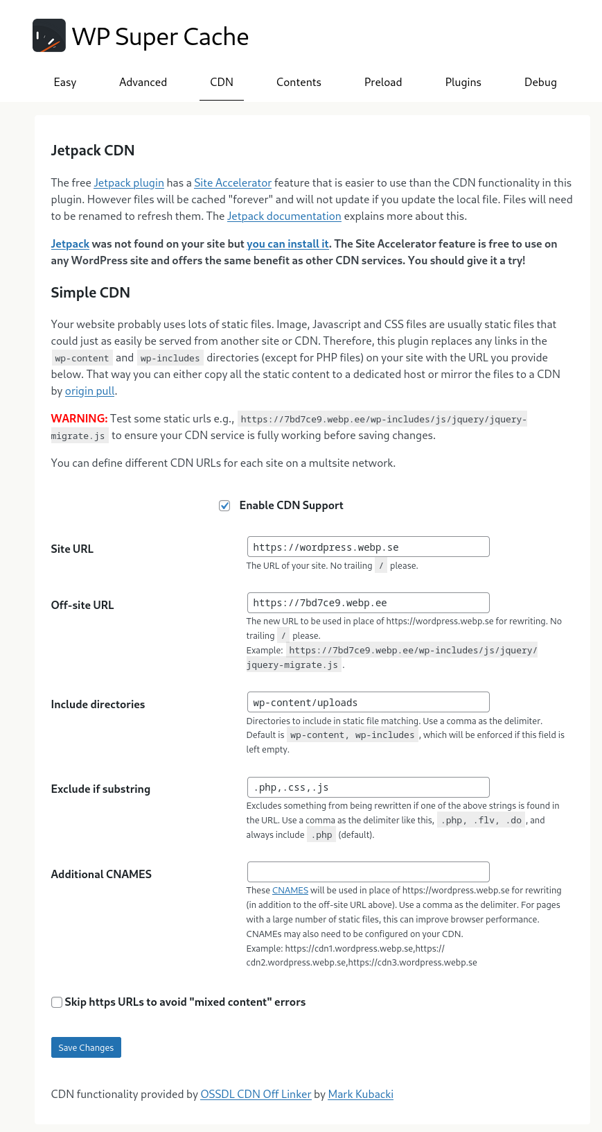 WP Super Cache CDN settings for the WebP Cloud proxy